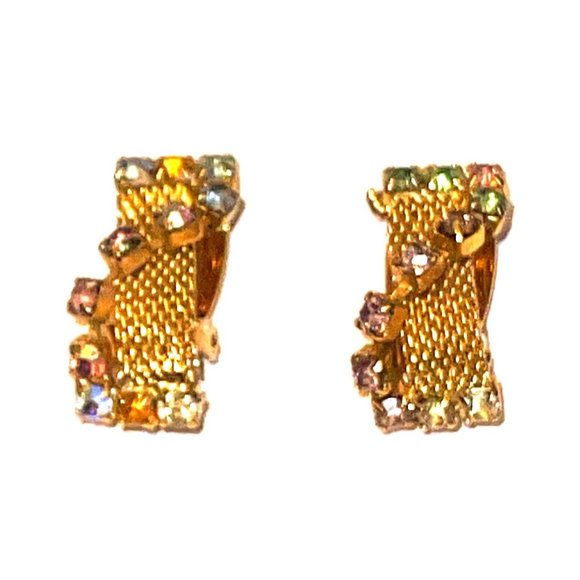 Articulating Retro Gold-tone Multi Color Rhinestone Dangle Earrings Clips - Picture 3 of 12